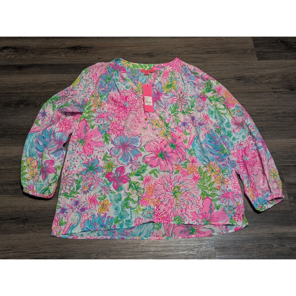 Lilly Pulitzer Elsa Top Paradise Found Floral Print Pink Blue Womens Large‎